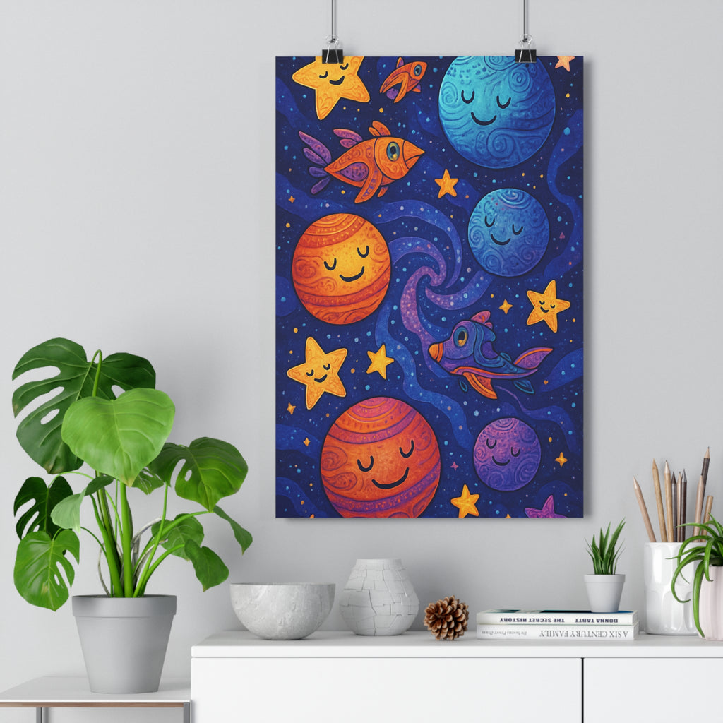 Poster décoratif cartoon orange bleu violet joyeux enfant espace créatif chambre sciencefiction 30x46 qualité