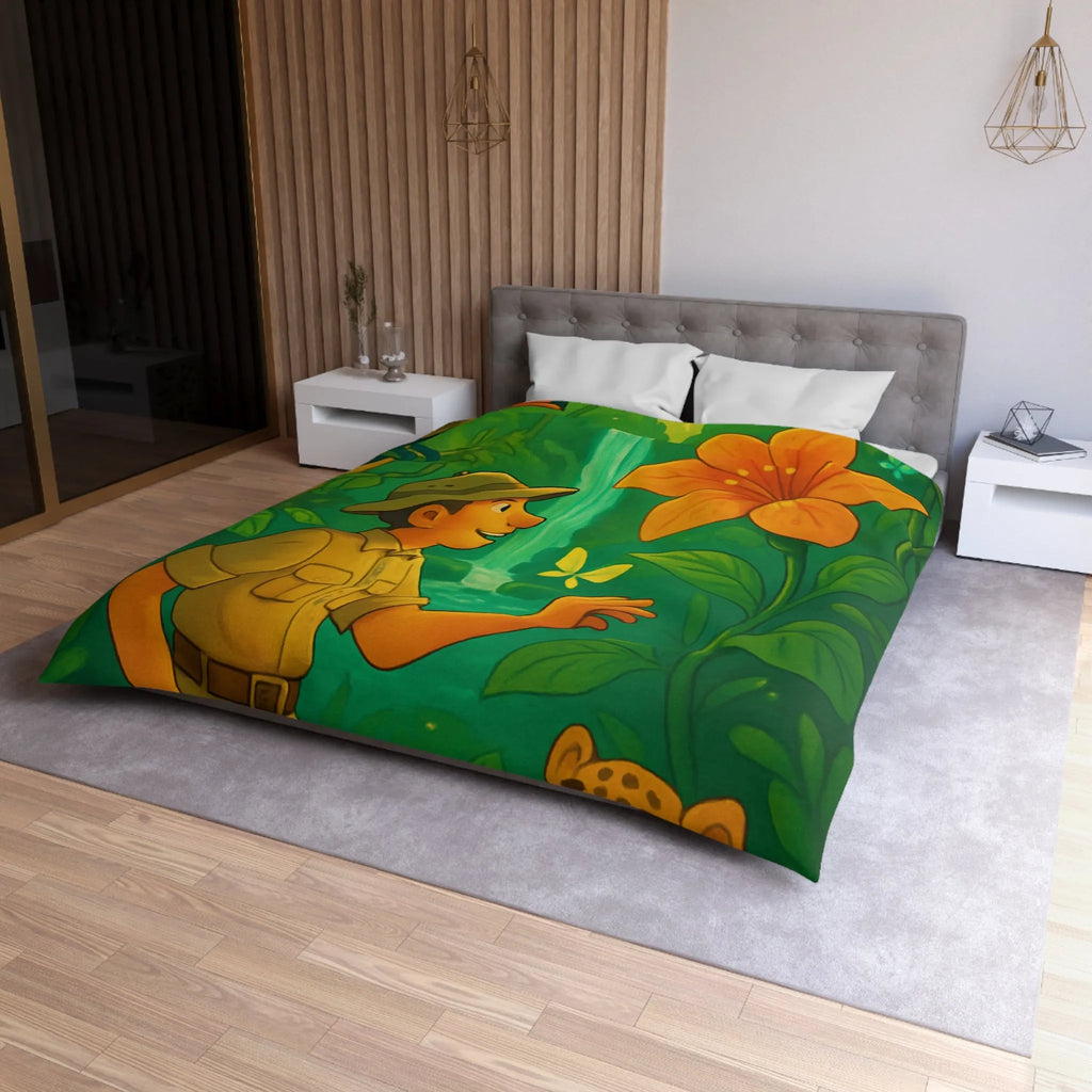 Housse de Couette Jungle Colorée avec Explorateur, Toucan, Léopard et Cascade Enchantée