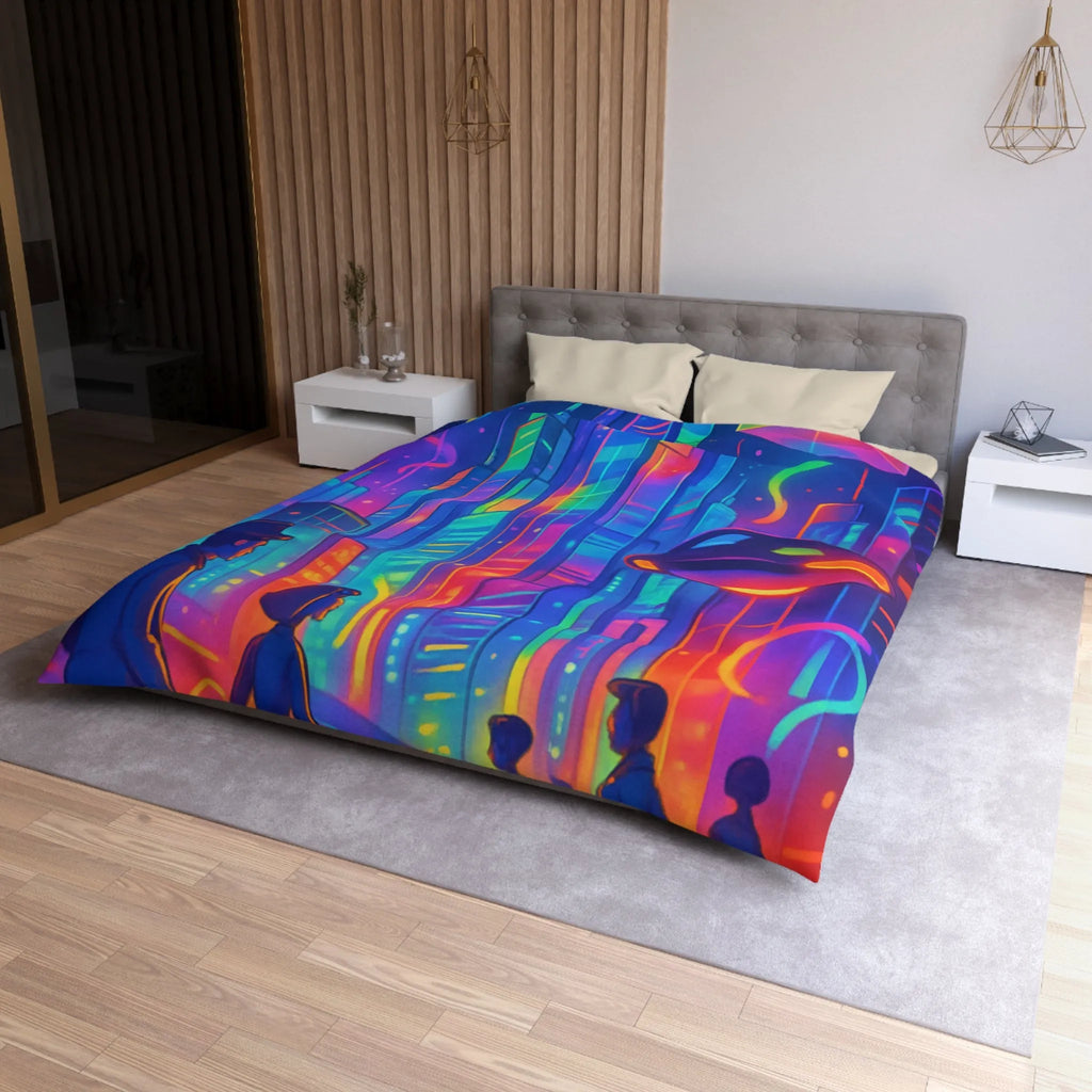 Housse de Couette Colorée Scène Urbaine Futuriste avec Illusions d'Optique Dynamiques et Vives