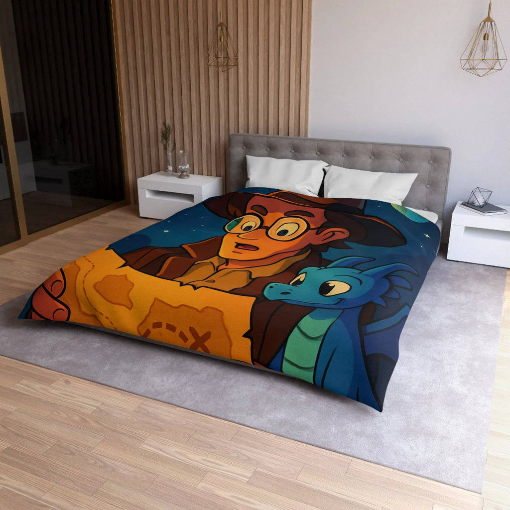 Aventure nocturne avec explorateur et dragon bleu sous planètes mystiques sur fond étoilé