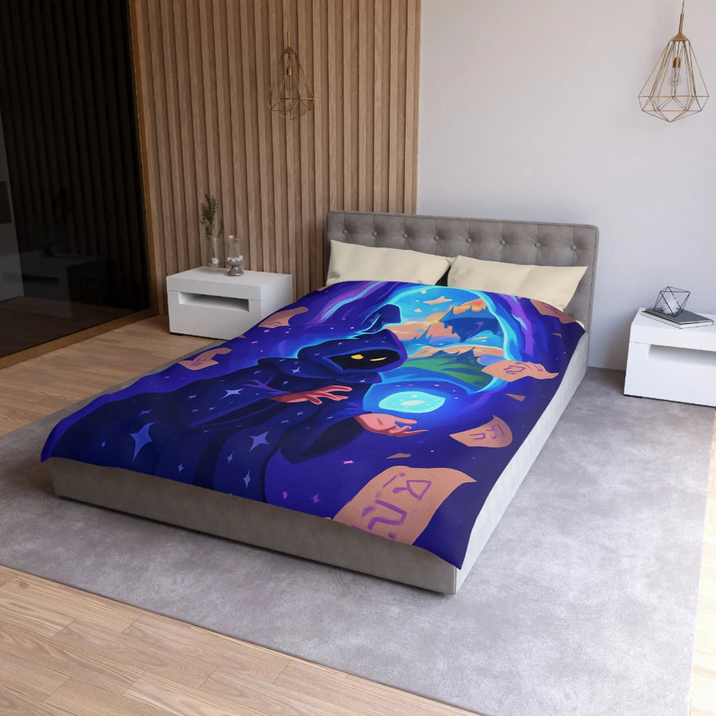 Housse de couette magique bleu nuit avec sorcier et château fantastique étoilé mystérieux