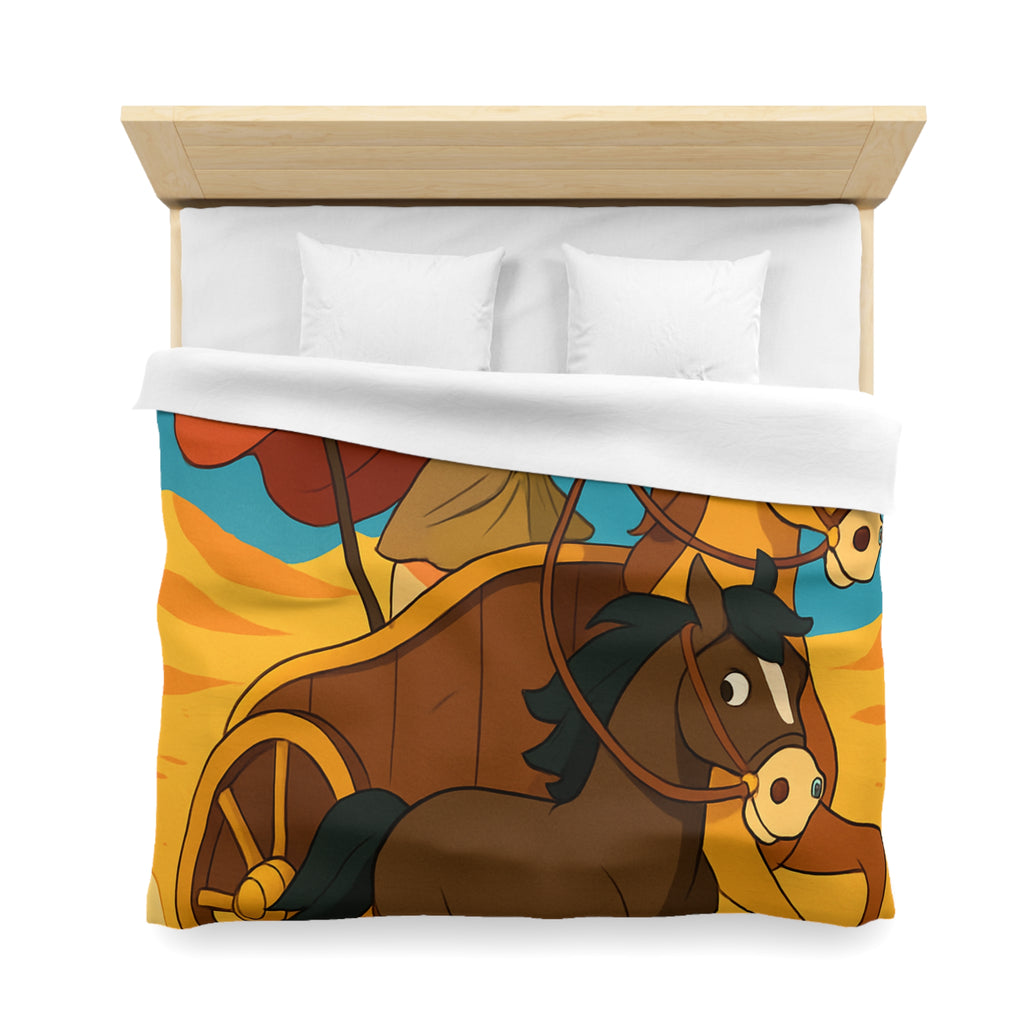 Housse de couette représentant guerrière en char avec chevaux marron dans désert animé