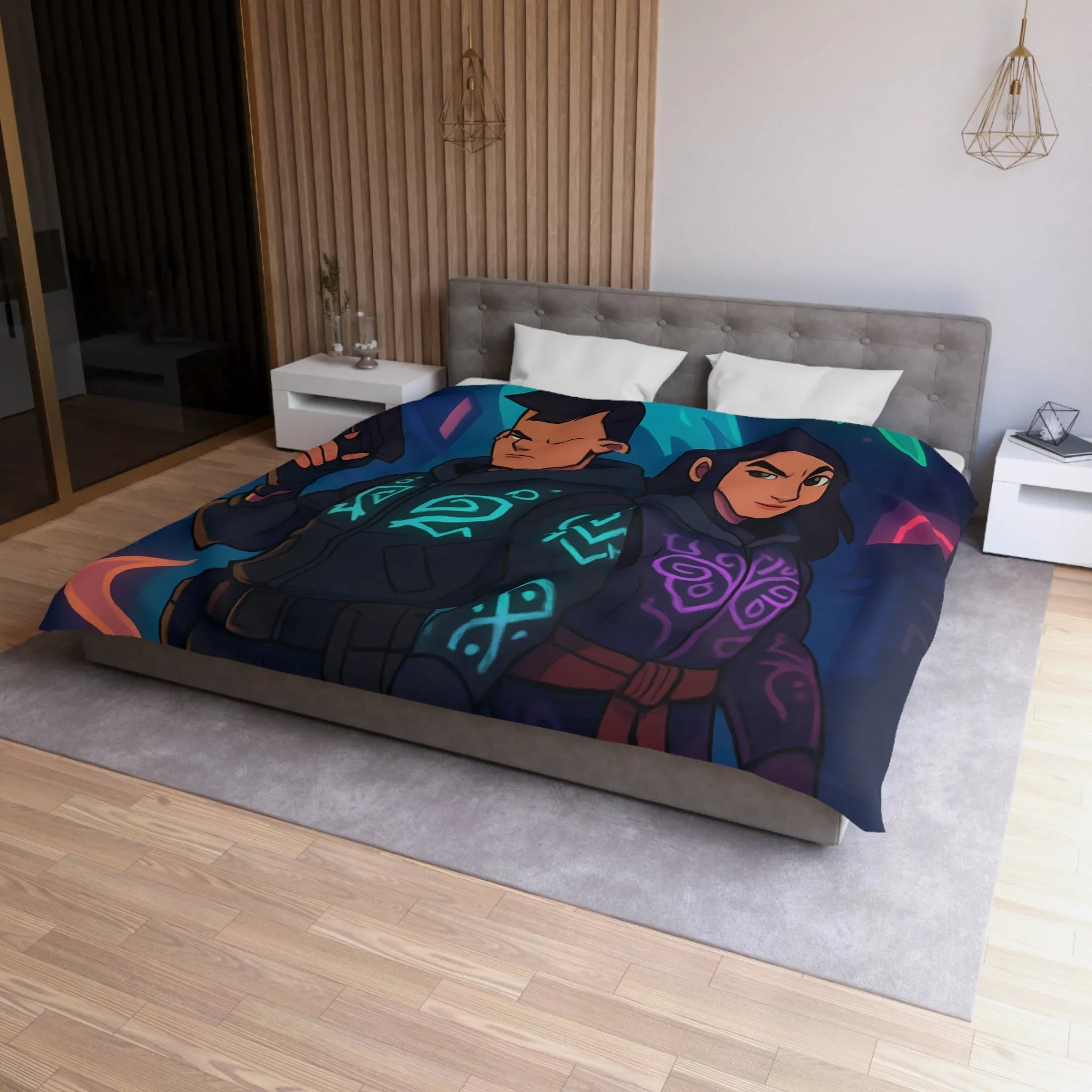 Housse de couette avec motifs mystiques de loup et hibou luminescents en néon urbain
