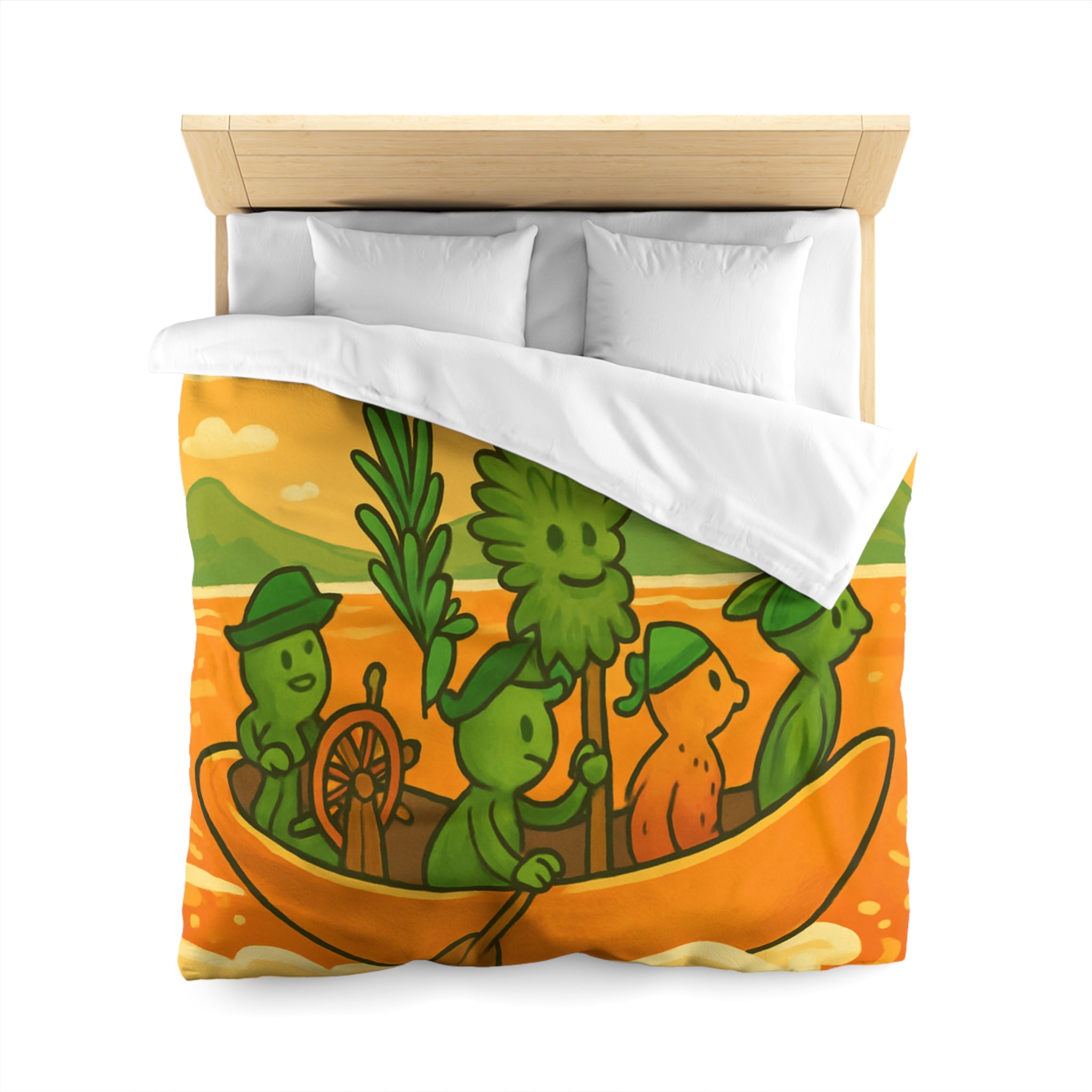 Housse de couette originale avec personnages verts naviguant sur mer orangée ludique