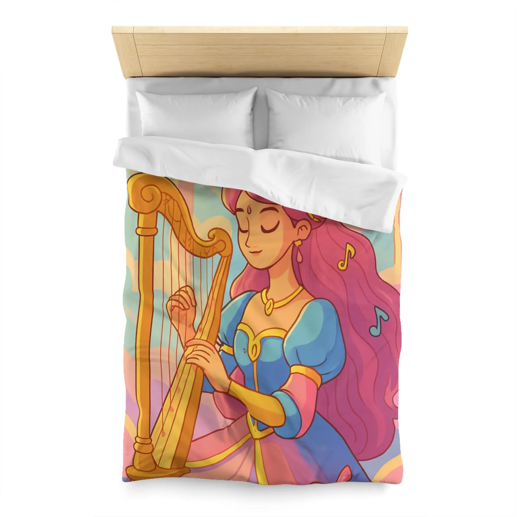 Housse de Couette Magique Princesse Jouant Harpe avec Oiseaux et Papillons Colorés