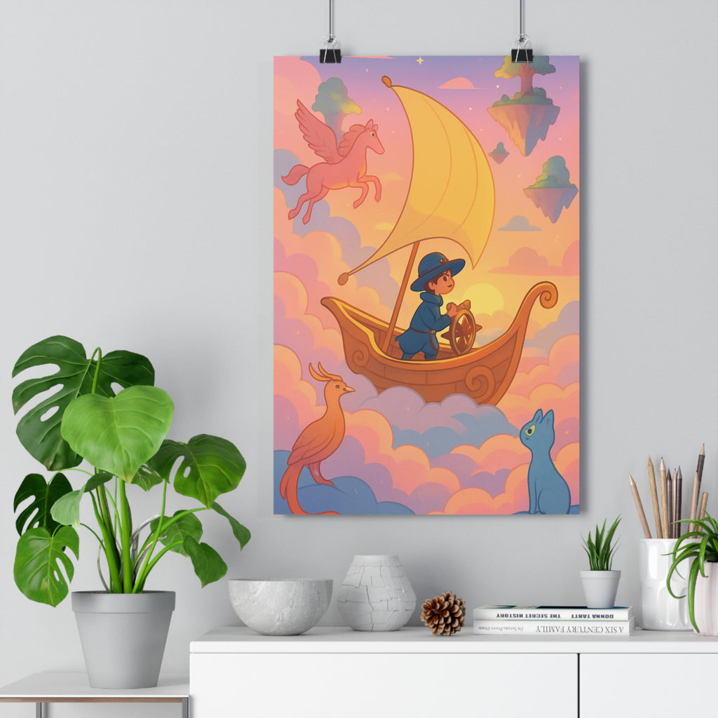 Poster décoratif pastel rose bleu rêveur aventure enfant moderne magique chambre salon tendance qualité