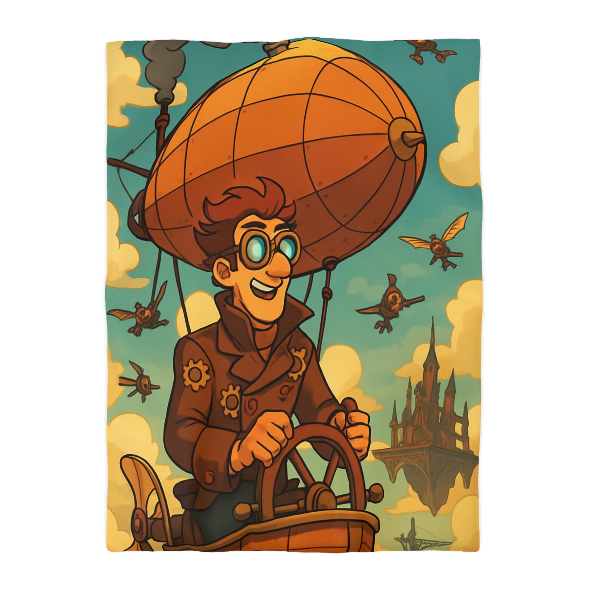 Housse de Couette Steampunk avec Ballon Dirigeable et Cité Volante dans le Ciel