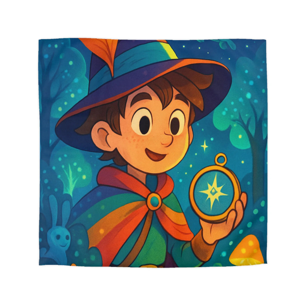 Housse de Couette Enfant Fantasy avec Sorcier et Dragon dans Forêt Enchantée Étoilée