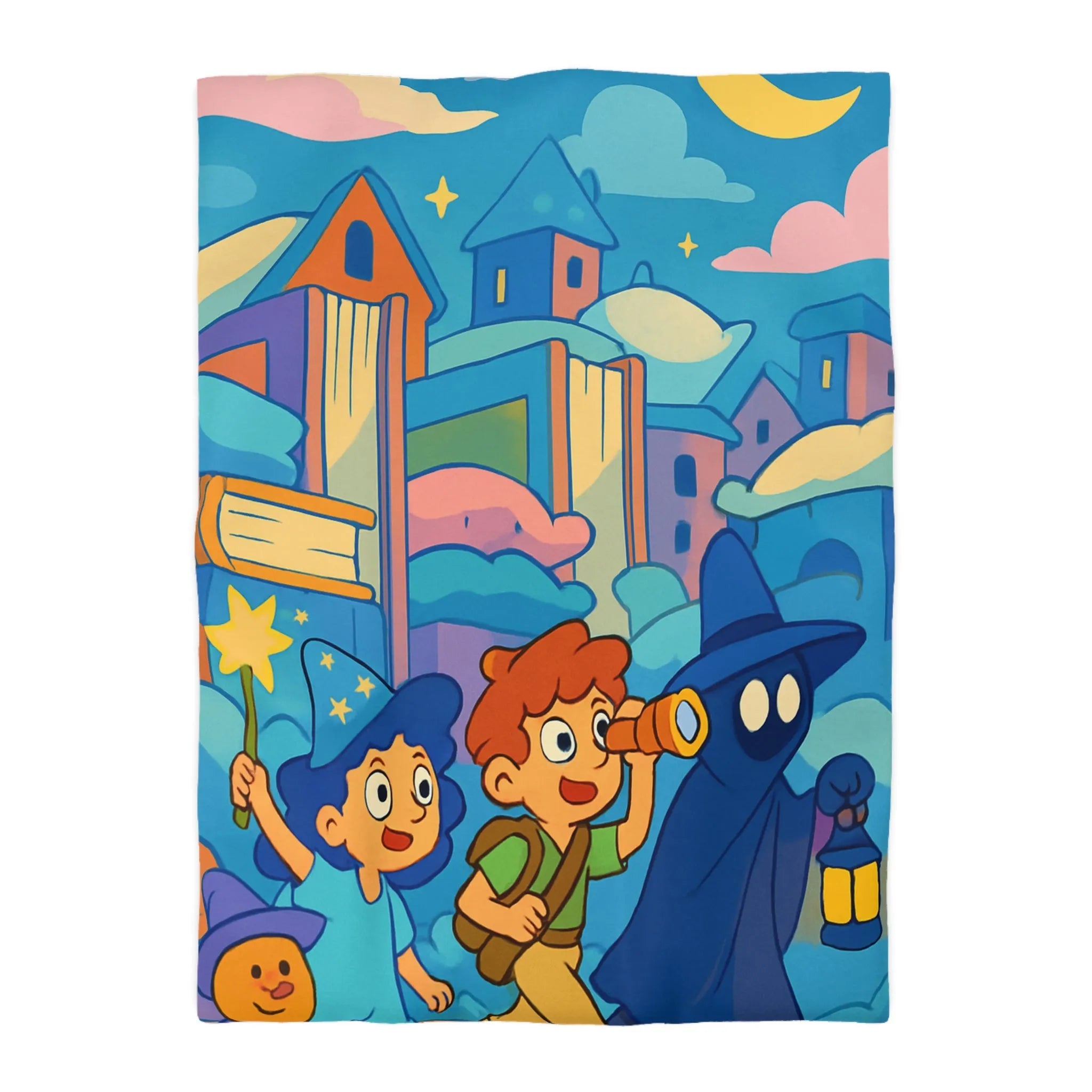 Housse de couette magique enfants avec illustration de sorcier, château et ciel étoilé