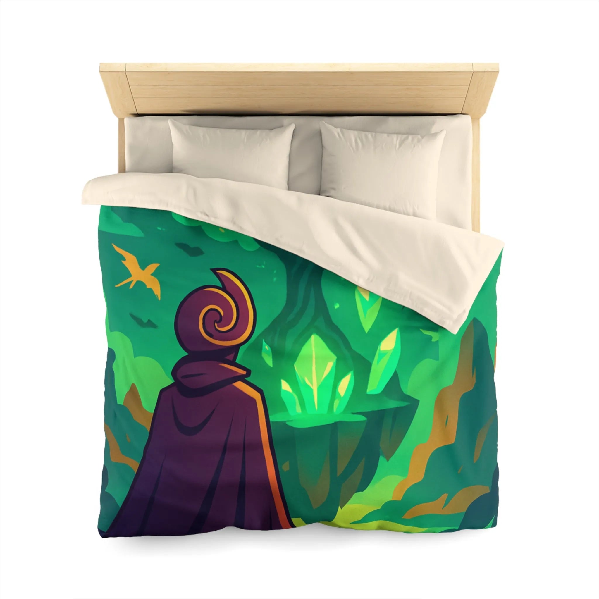 Housse de couette magique avec arbre brillant flottant, créatures volantes et paysages féeriques
