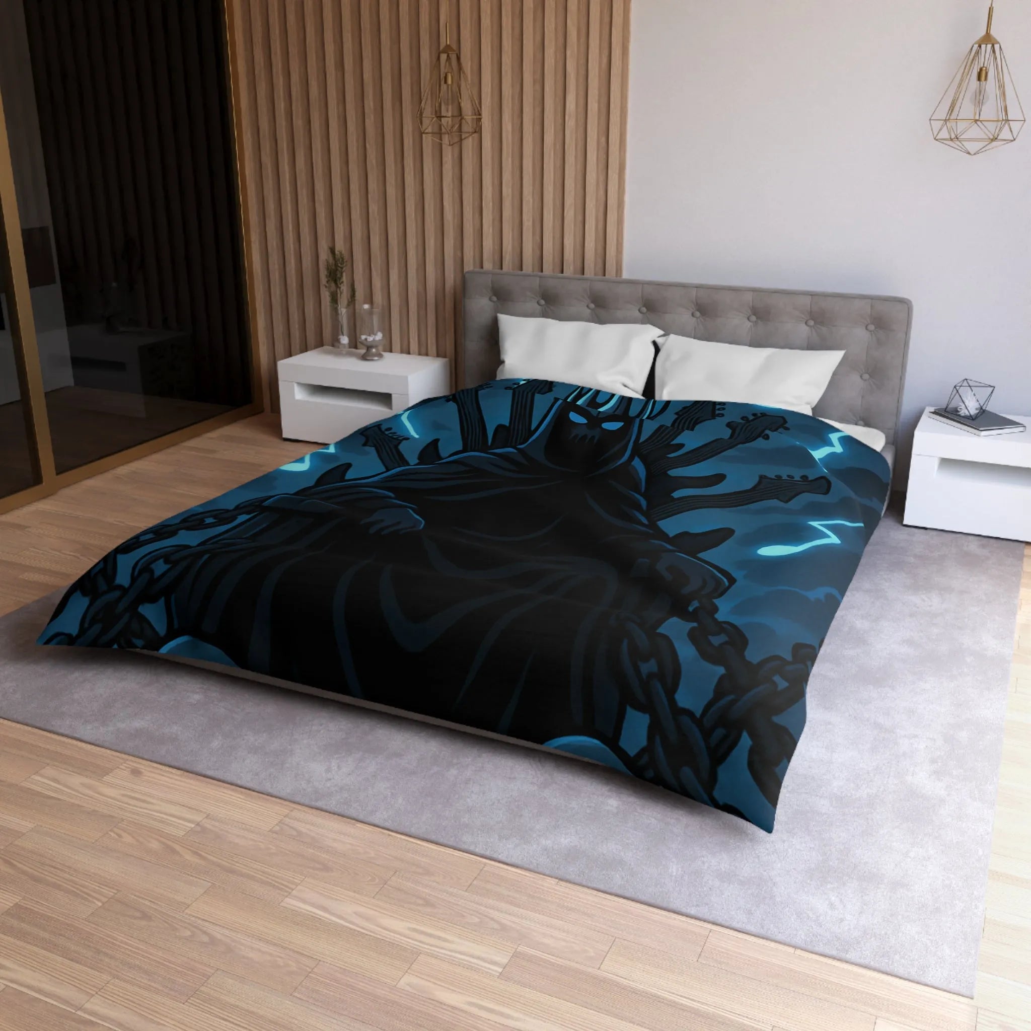 Housse de Couette Gothique Musicien Roi Ténébreux avec Throne de Guitares et Crânes