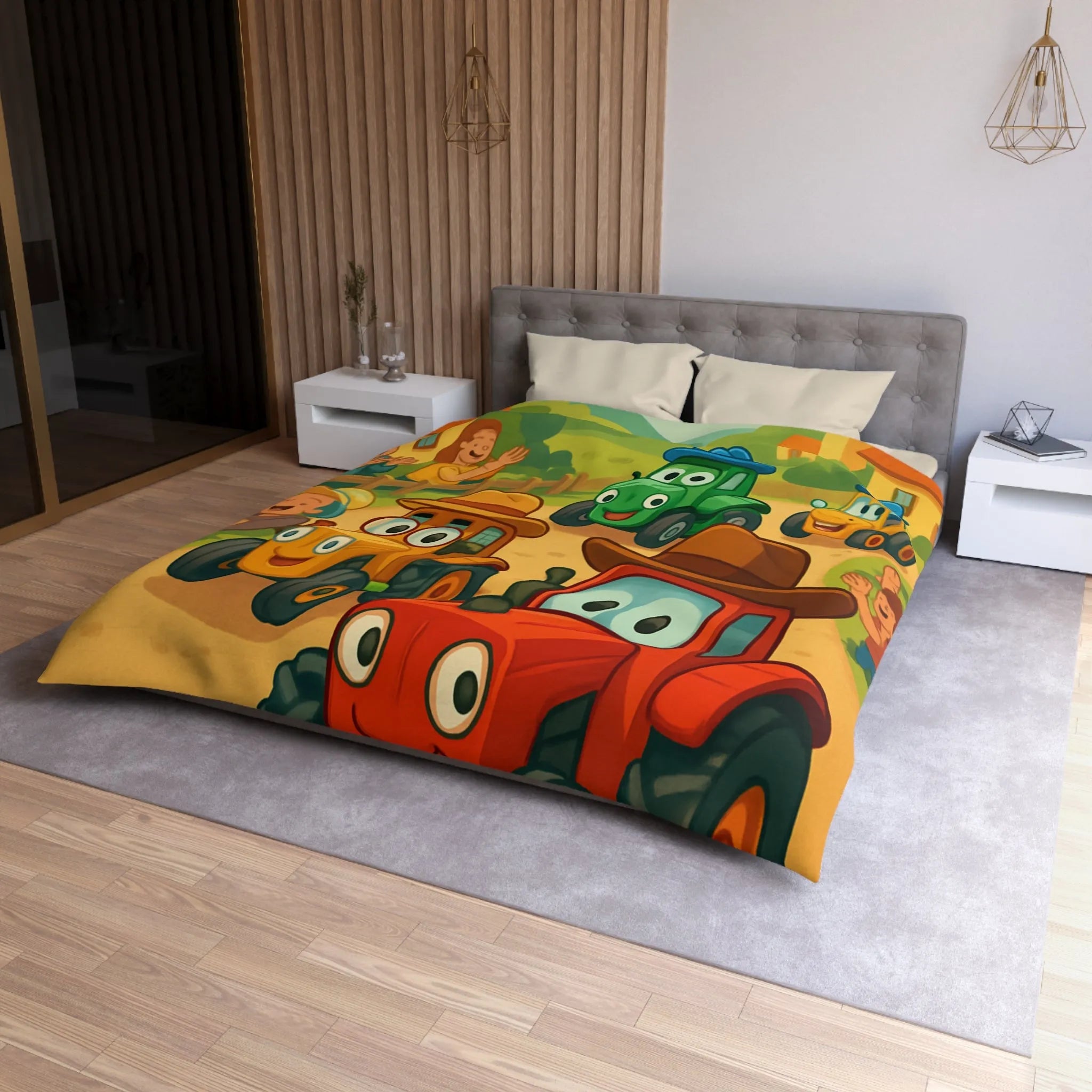 Housse de Couette Enfants Motif Tracteurs Souriants Champs Paysans Ensoleillés et Amusants