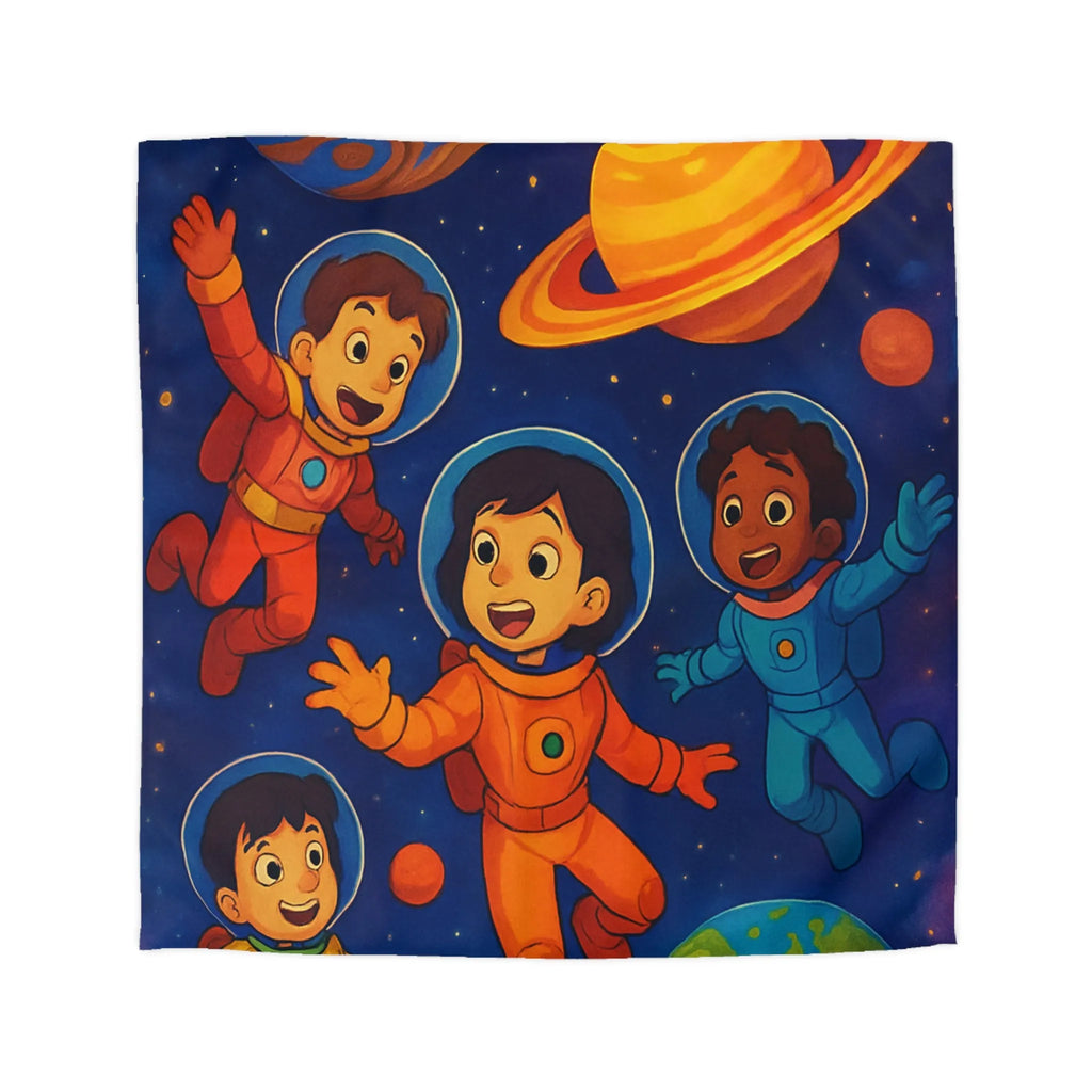 Housse de couette enfants avec astronautes joyeux flottant dans l'espace coloré et planètes