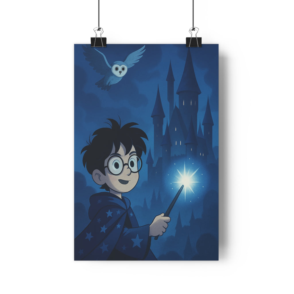 Poster décoratif enchanté sorcier bleu mystique cartoon magique enfant chambre chouette baguette nocturne château