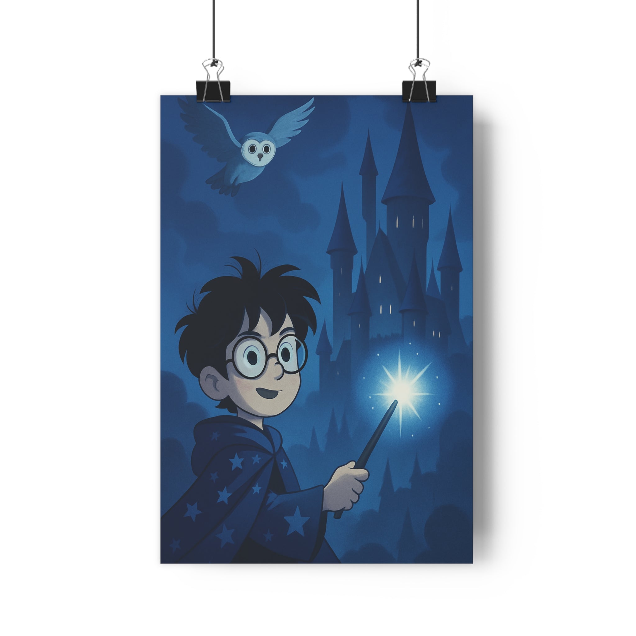 Poster décoratif enchanté sorcier bleu mystique cartoon magique enfant chambre chouette baguette nocturne château