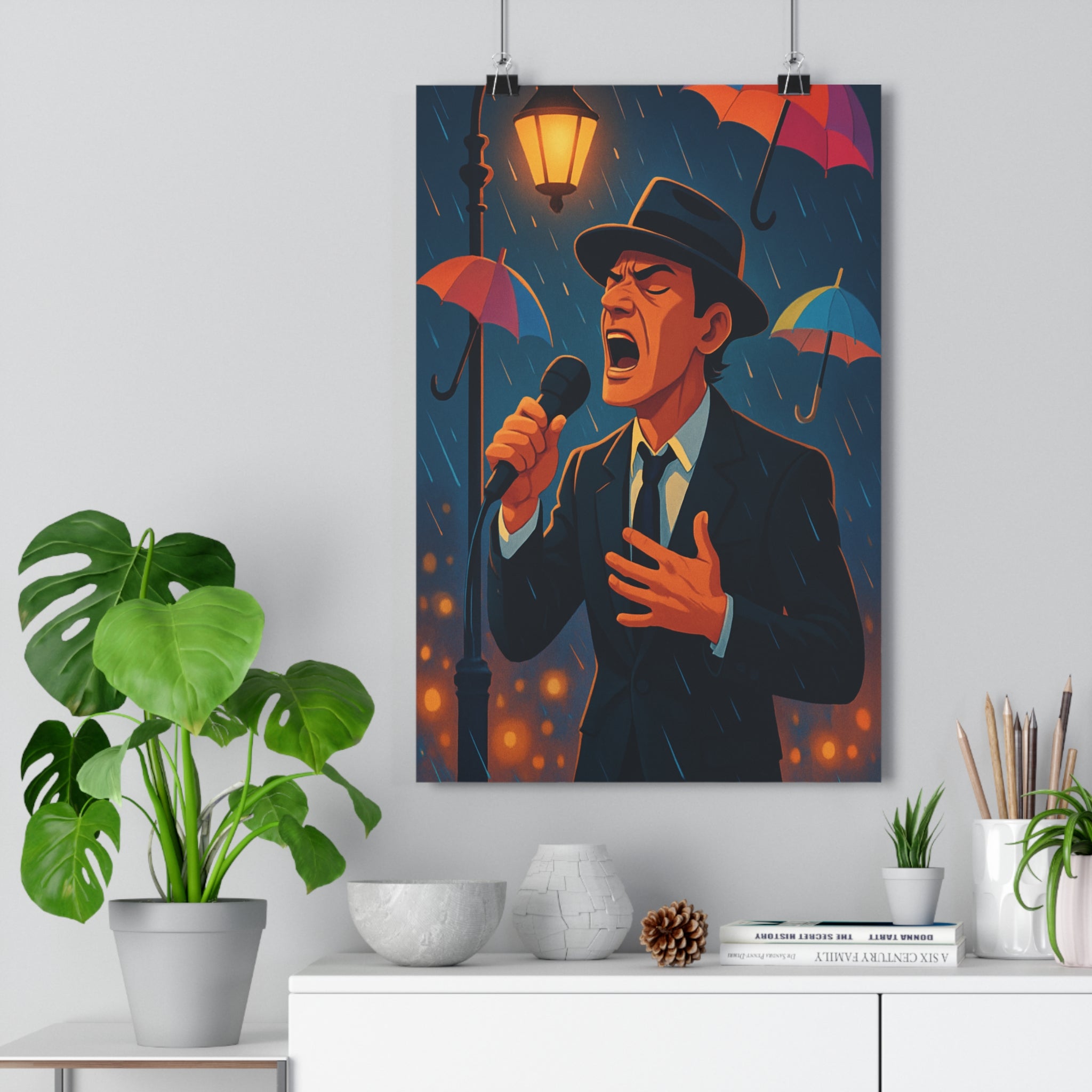 Poster décoratif anime nocturne contrasté dramatique chanteur pluie salon musique ambiance captivante format qualité