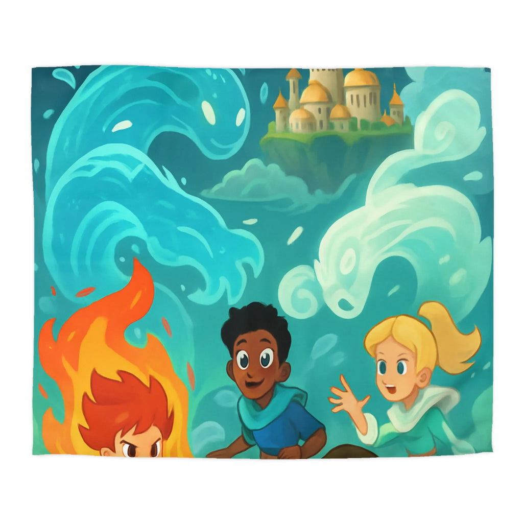 Housse de couette avec illustration de jeunes héros des éléments devant un château magique