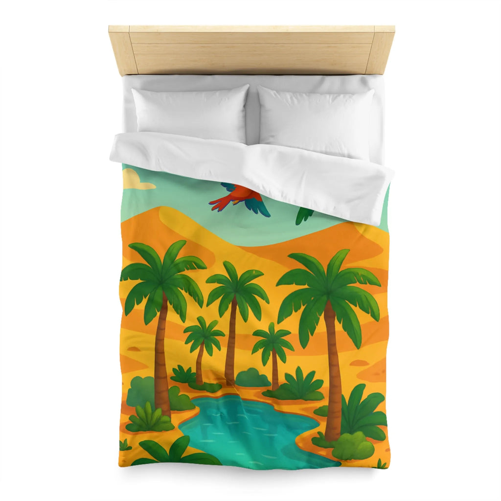 Housse de couette exotique avec palmiers, oiseaux colorés et oasis dans le désert