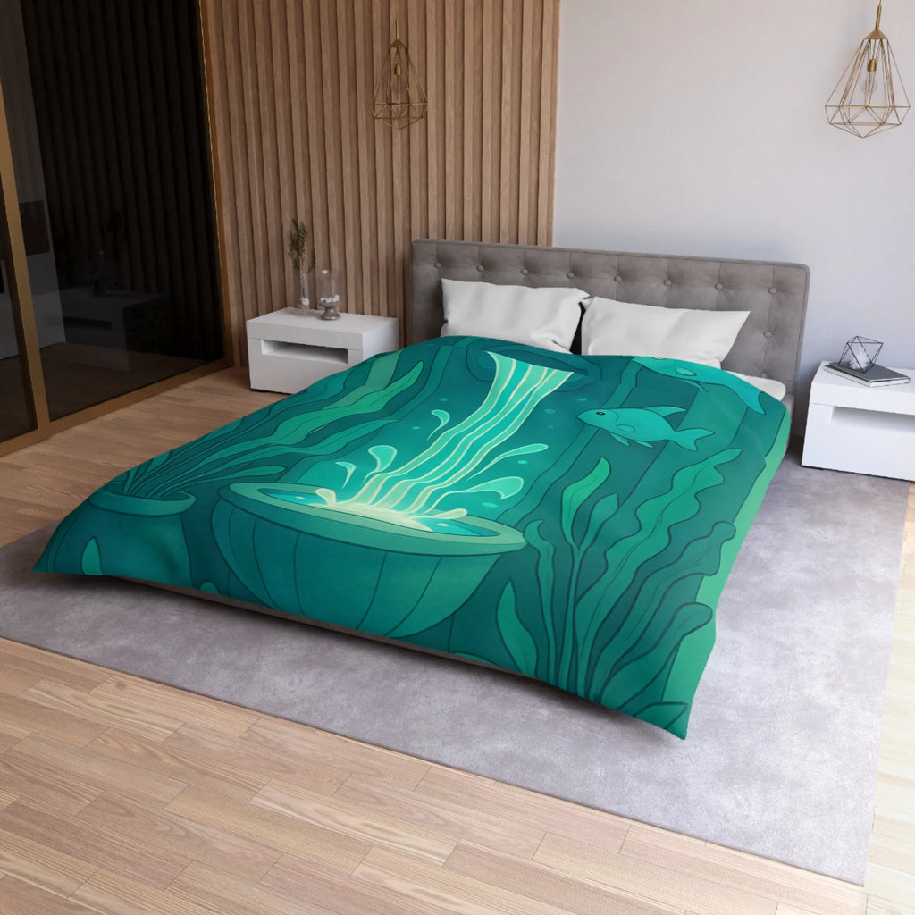 Housse de Couette Art Nouveau Illustrée Fontaine Poissons Teintes Bleues Calmes Décoration Intérieure