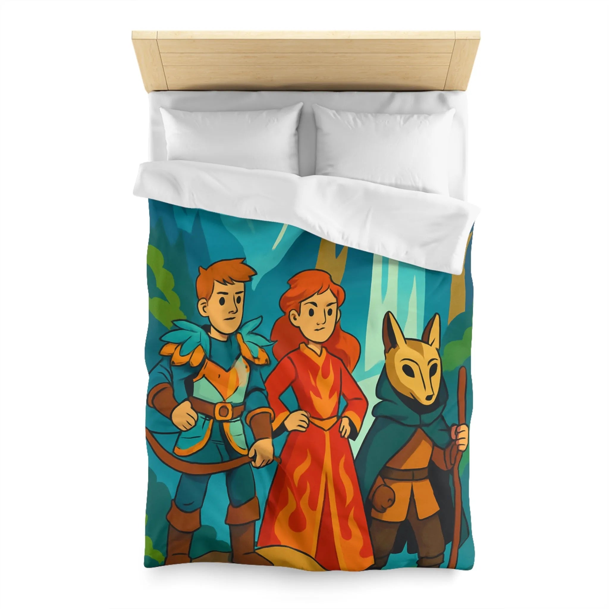 Housse de couette avec illustration aventureuse de personnages devant une cascade majestueuse