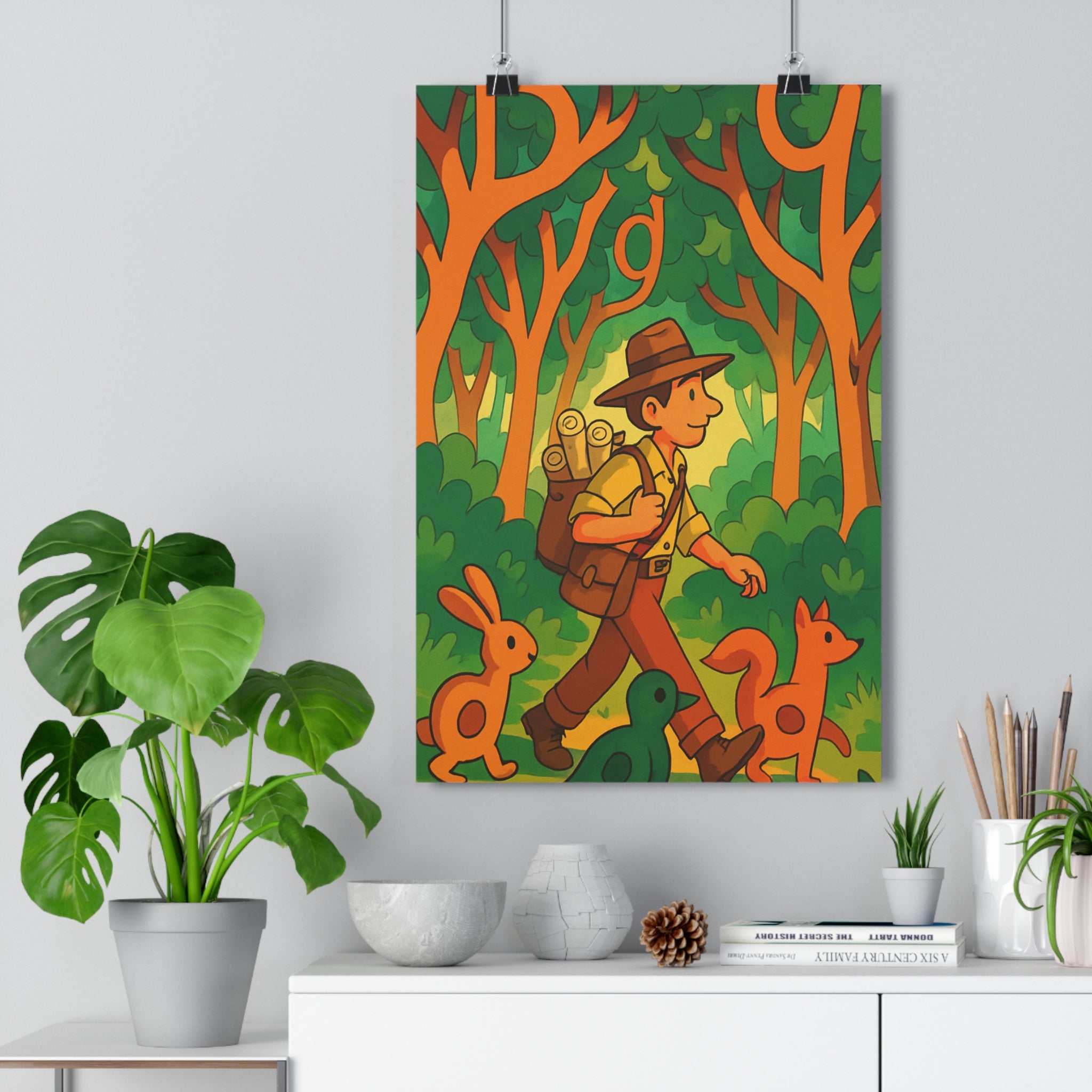 Poster décoratif cartoon forêt aventure marron vert chambre enfant design ludique qualité explorateur créativité