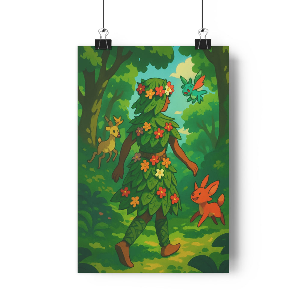 Poster décoratif vibrant forêt nature joyeux vert orange fantaisie chambre salon intérieur contemporain unique