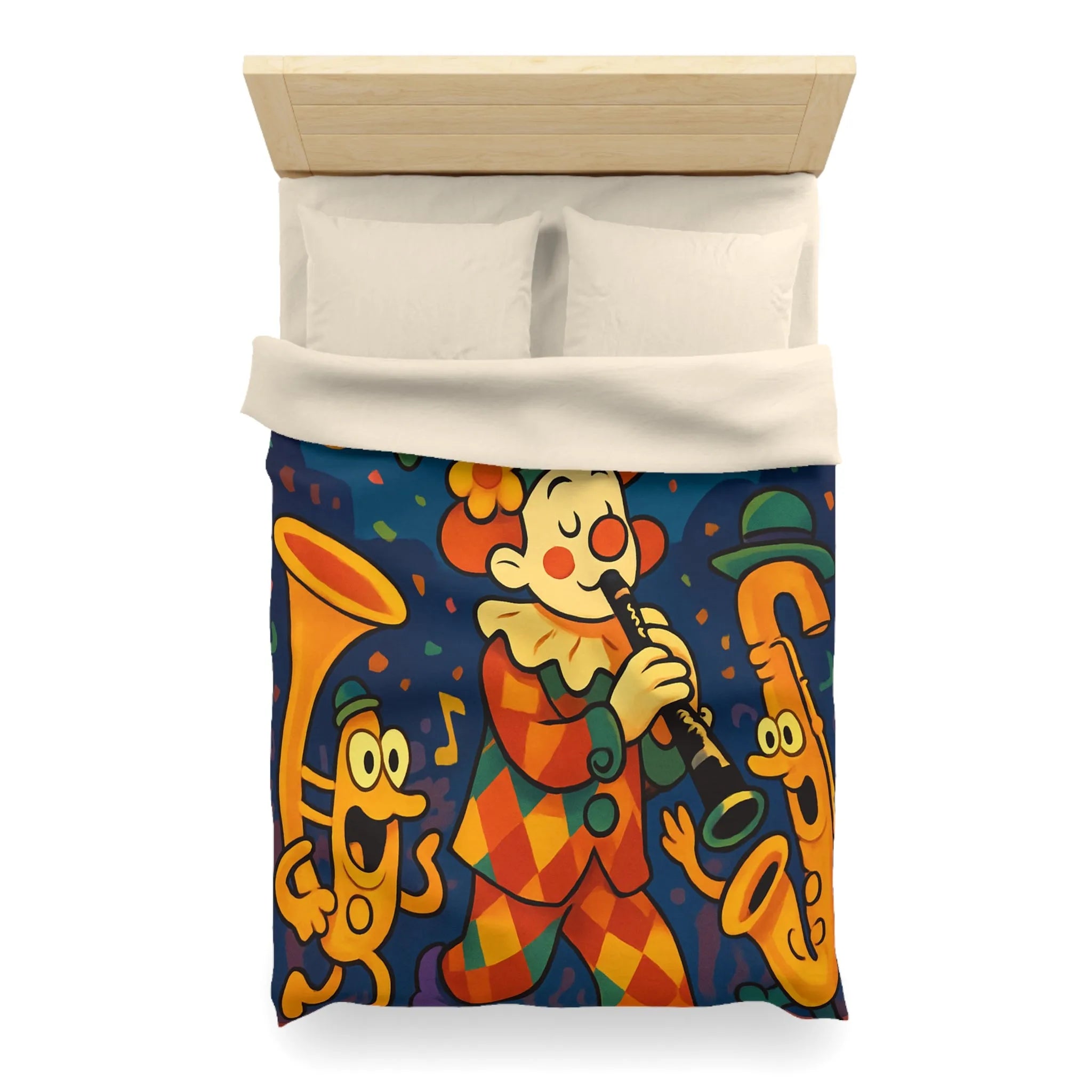 Housse de Couette Fantaisiste avec Clown et Instruments dans Parade Colorée et Lumineuse