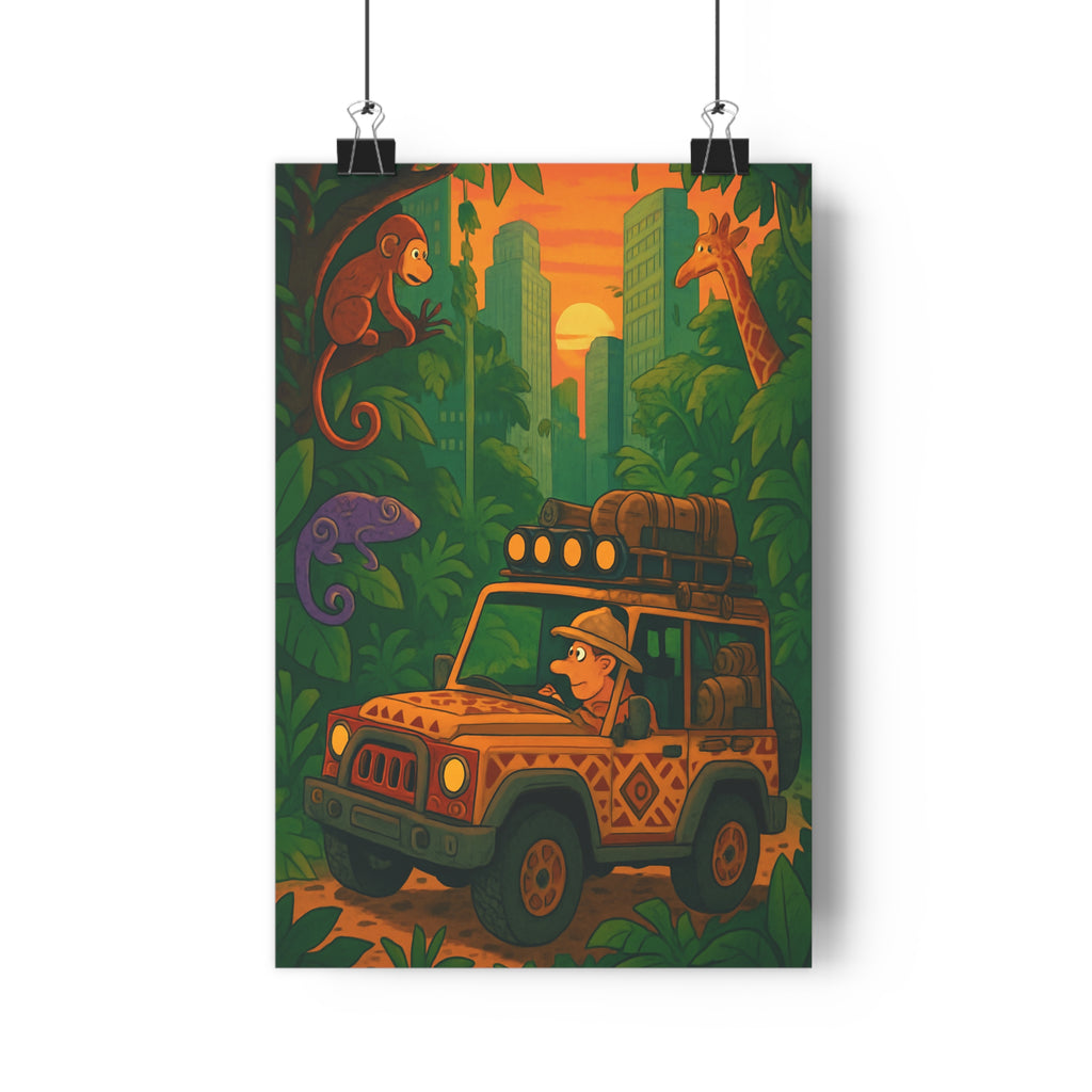 Poster décoratif aventure cartoon urban jungle coloré explorateur salon chambre enfant dynamique amusant joyeux