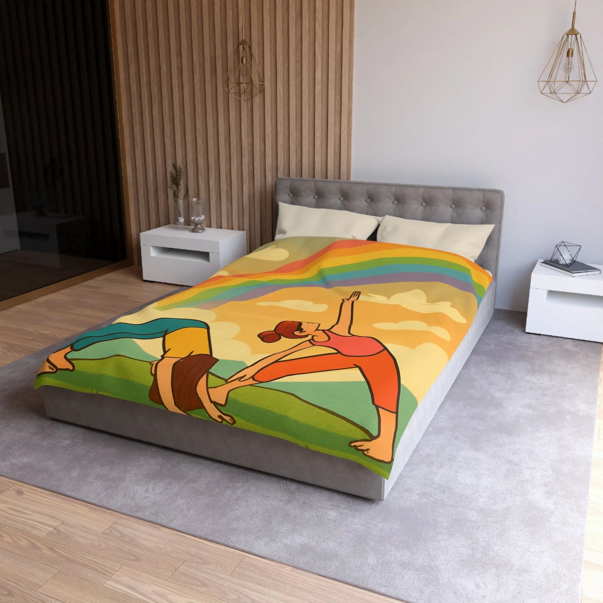 Housse De Couette Enfant Avec Arc-en-Ciel Coloré Et Personnages Pratiquant Le Yoga Énergique