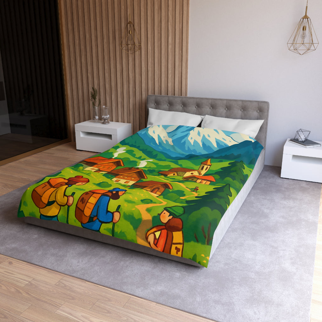 Housse de Couette Montagne avec Aventureurs, Chalets et Paysage Montagnard Enneigé