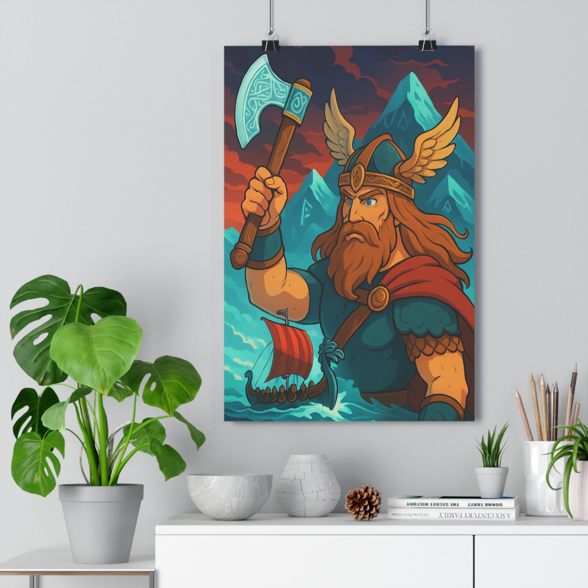 Poster décoratif mythologique épique rouge bleu guerrier nordique aventure majestueux chambre bureau format 3