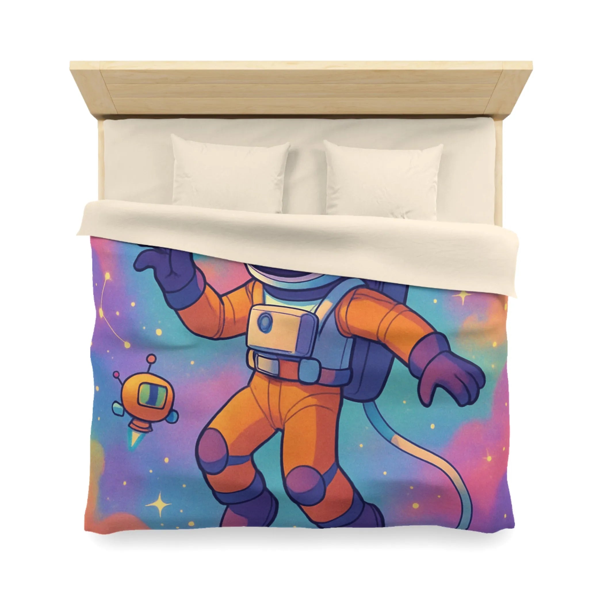 Housse de couette colorée spatiale avec astronaute, planètes et robots ludiques pour enfants