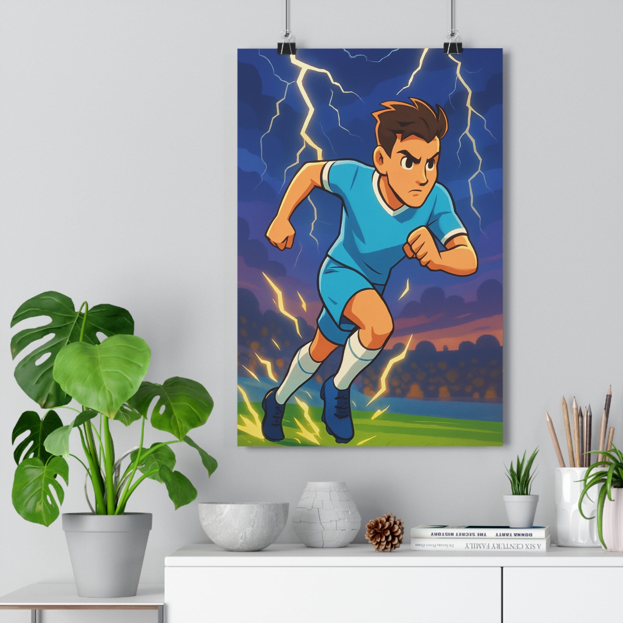 Poster décoratif anime football dynamique éclairs bleu jaune intense énergique chambre moderne vivant puissant