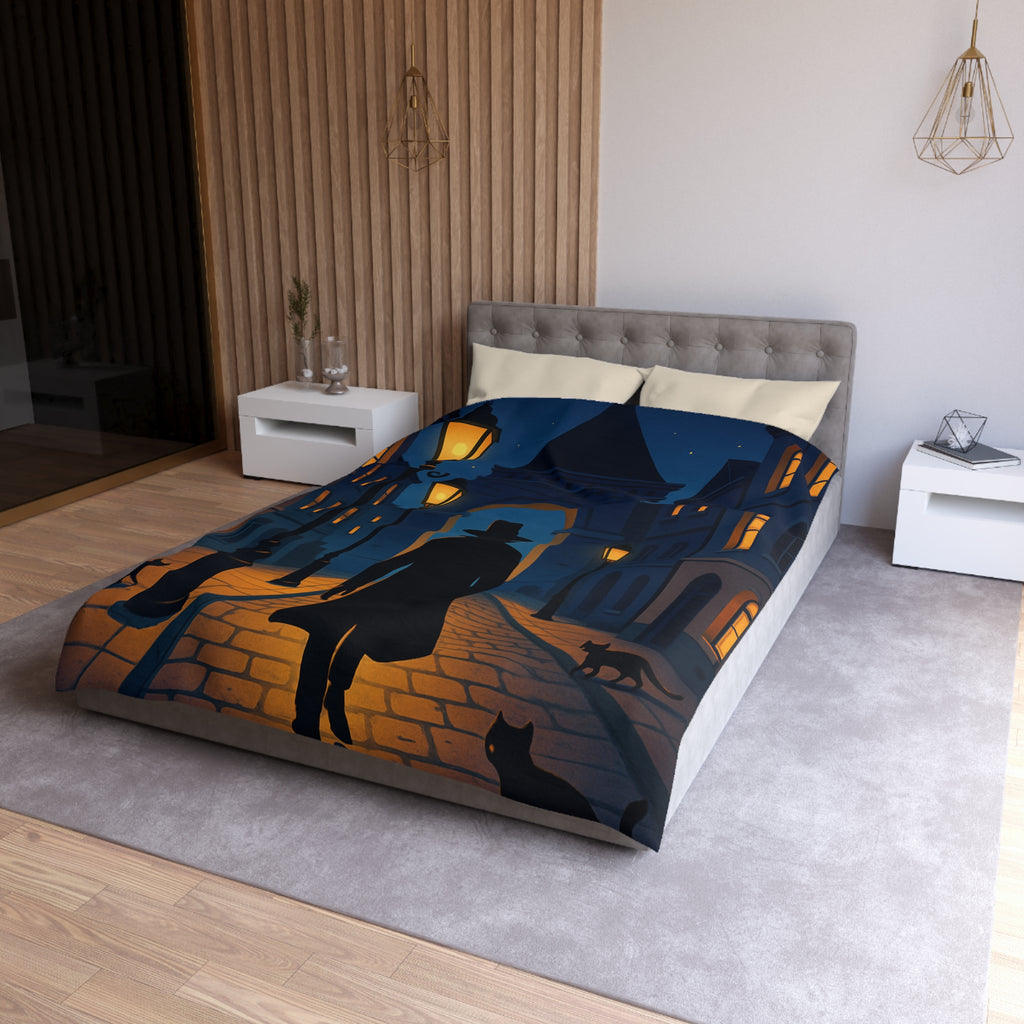 Housse de couette noire mystérieuse, silhouette d'homme avec chats et lampadaires nocturnes