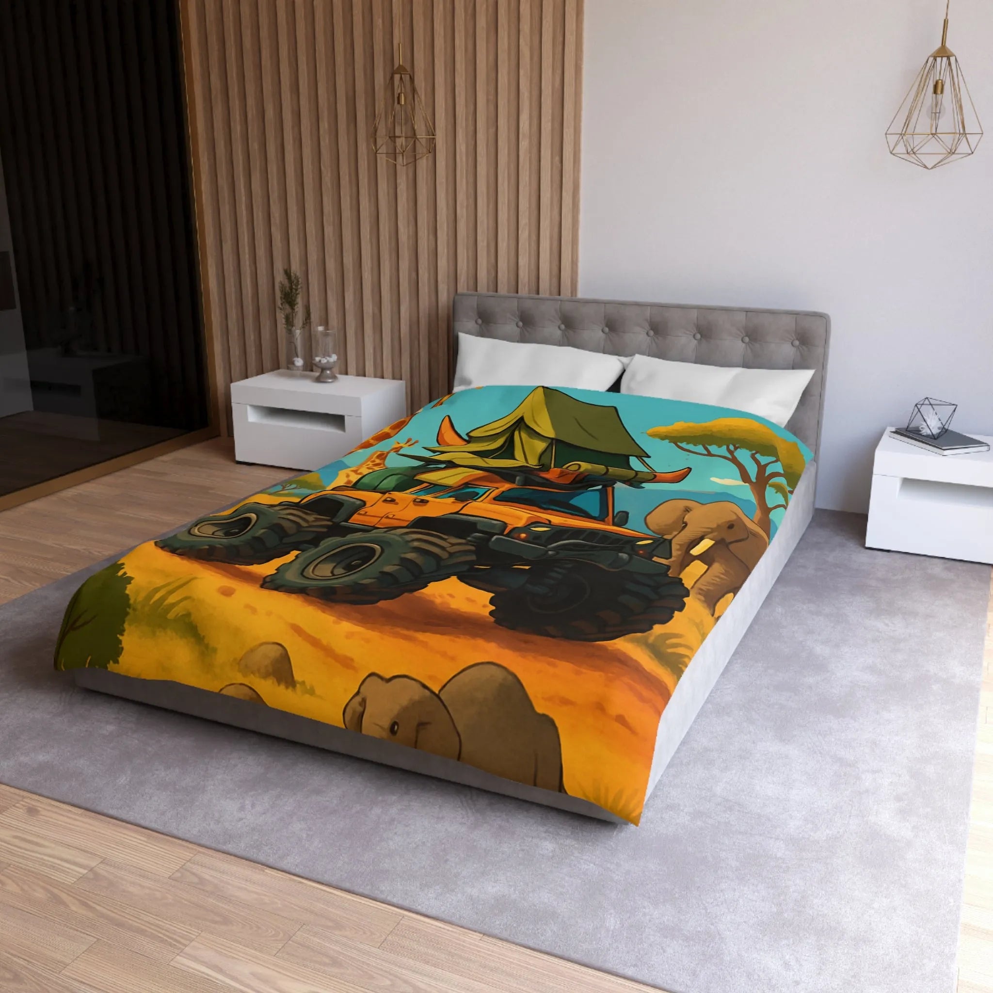 Housse de couette colorée avec véhicule tout-terrain et animaux dans la savane africaine