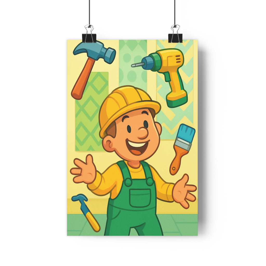 Poster décoratif bricolage jaune vert bleu ludique joyeux atelier enfant salle jeux 30x46 cm