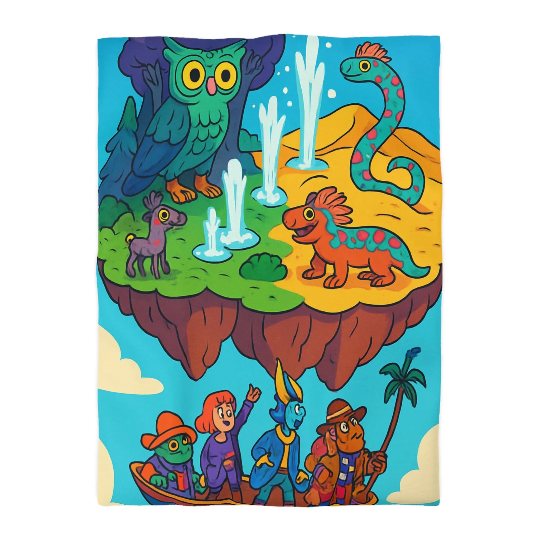 Housse de couette fantaisie avec animaux colorés sur une île flottante magique