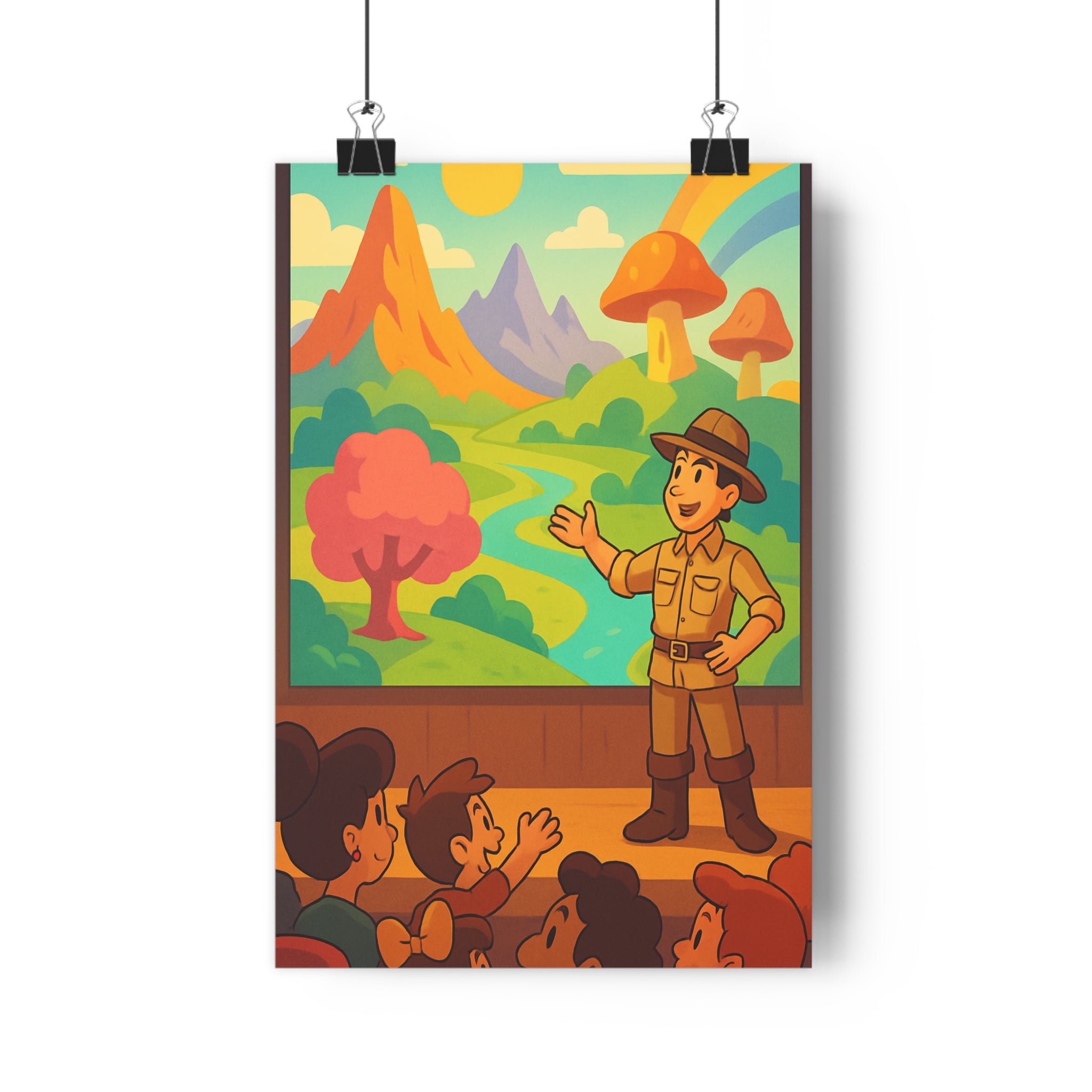 Poster décoratif cartoon aventure explorateur montagne rivière enfants vert jaune chambre 30x46 joyeux coloré