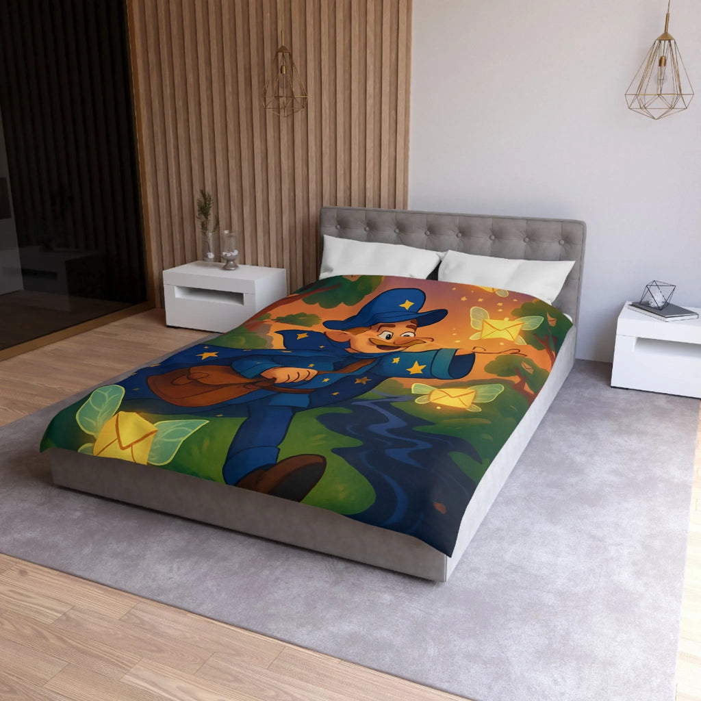 Housse de Couette Enfantine Magique Forêt Ambiance Nocturne Étoiles Arborées Postier Joyeux