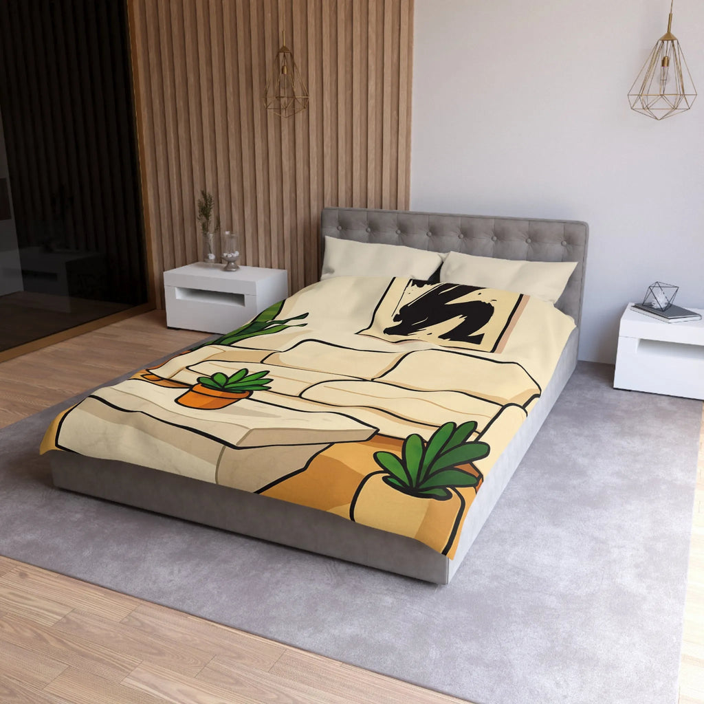 Housse de Couette Élégante avec Design Graphique Moderne et Plantes Vertes Décoratives