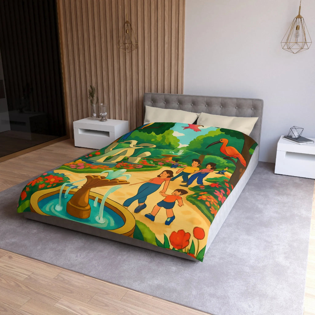 Housse de Couette Colorée Illustrant un Jardin avec Oiseaux et Familles en Promenade