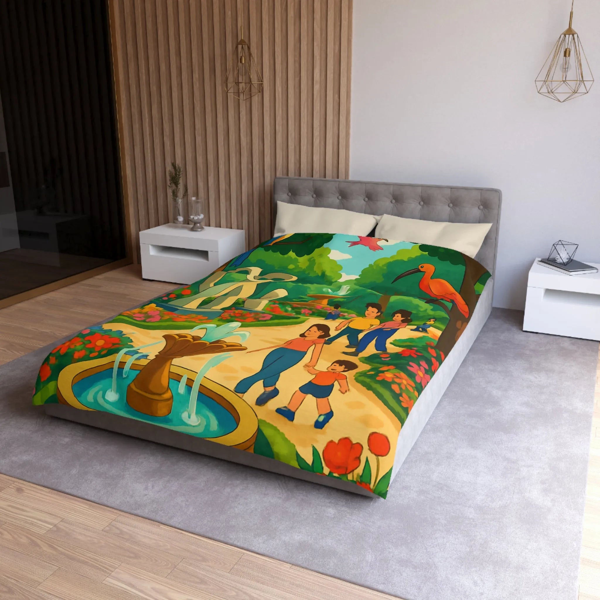 Housse de Couette Colorée Illustrant un Jardin avec Oiseaux et Familles en Promenade