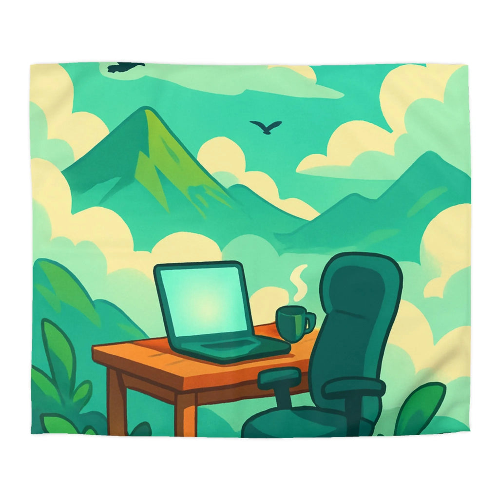 Housse de couette avec paysage de montagne, nature verdoyante, bureau et ciel serein