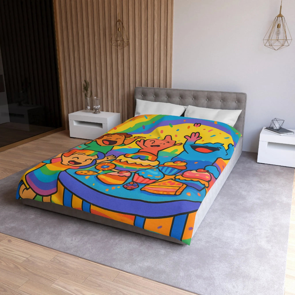 Housse de couette arc-en-ciel enfantine avec personnages joyeux et gâteau festif coloré