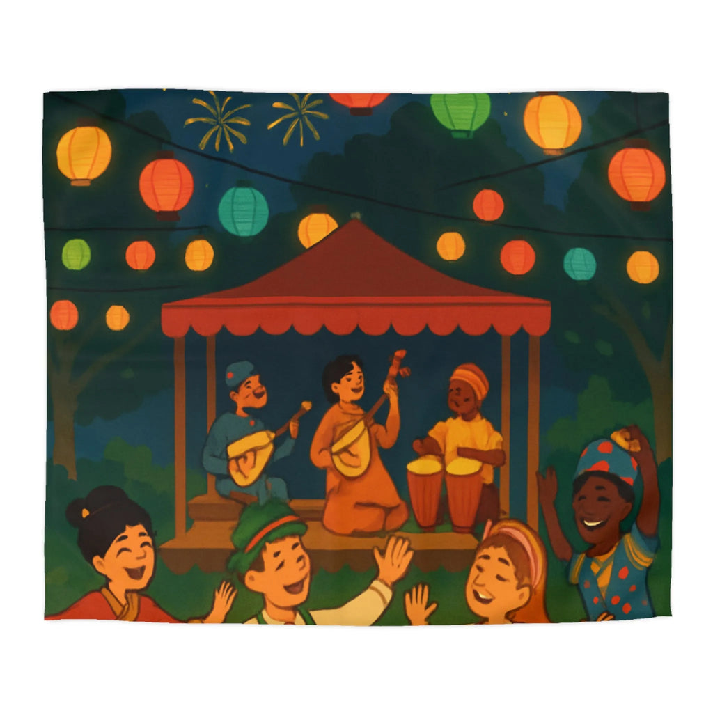 Housse de Couette Enfant Festive avec Lanternes Colorées et Scène de Musique en Plein Air