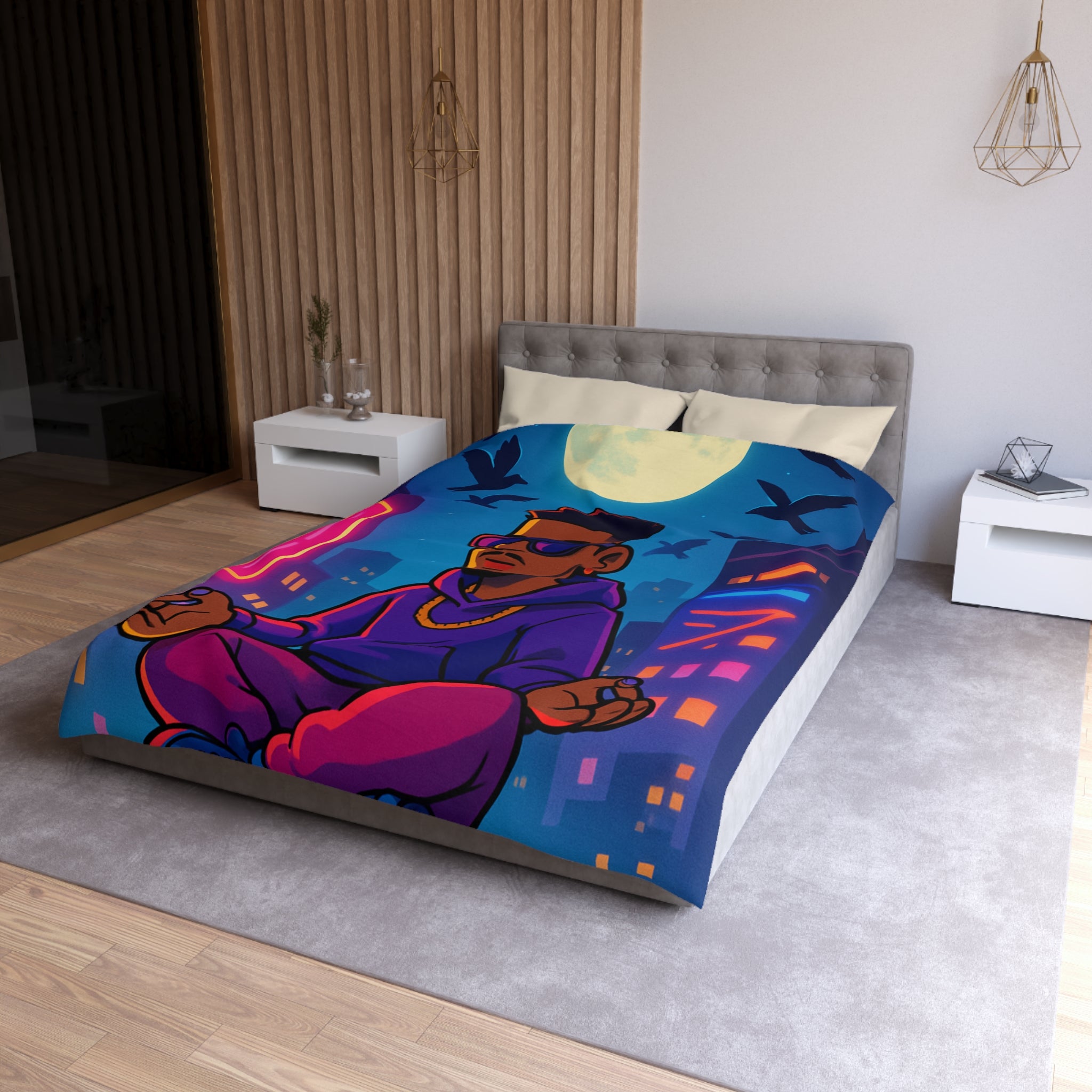 Housse de Couette Représentant Jeune Méditant Sur Toit en Ville, Pleine Lune Derrière