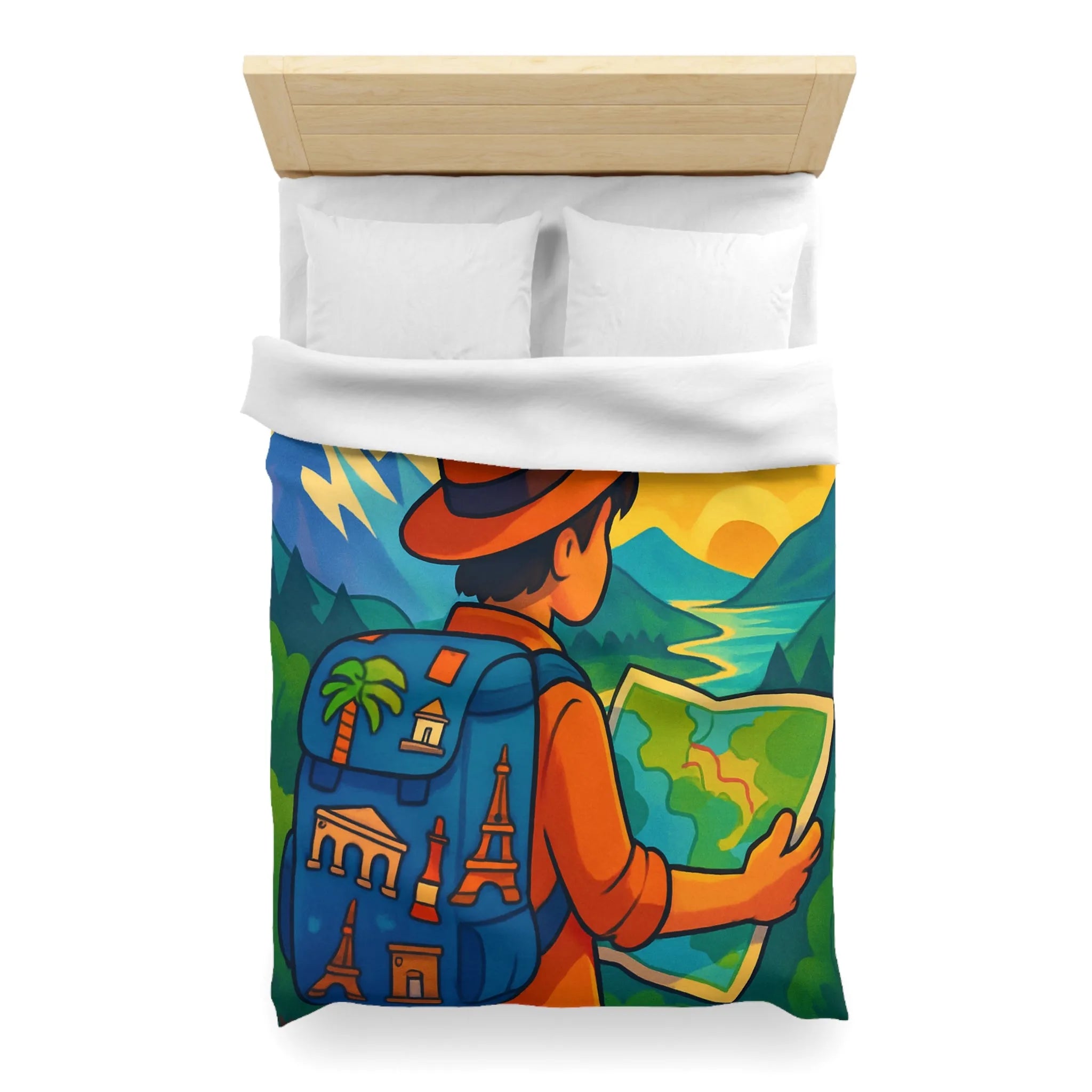 Housse de couette explorateur colorée avec carte, montagnes, boussole et monuments célèbres