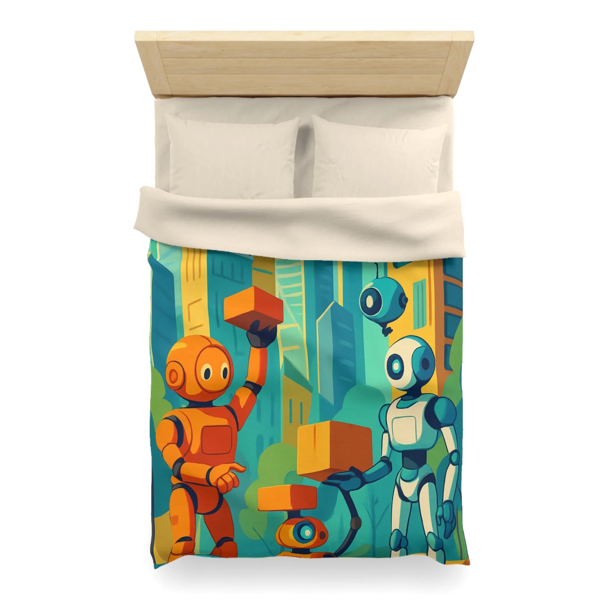 Housse de couette futuriste avec robots colorés dans une ville moderne lumineuse