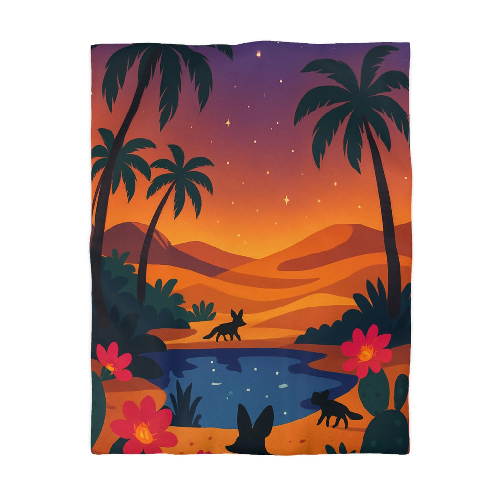Housse de couette exotique avec paysage désertique et palmiers sous ciel étoilé