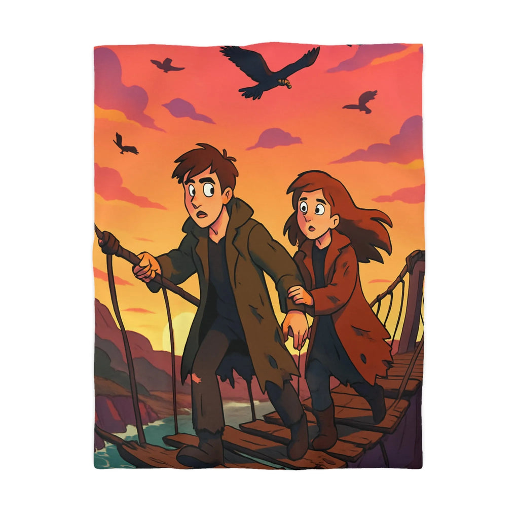 Housse de couette avec pont suspendu et ciel orange au coucher du soleil